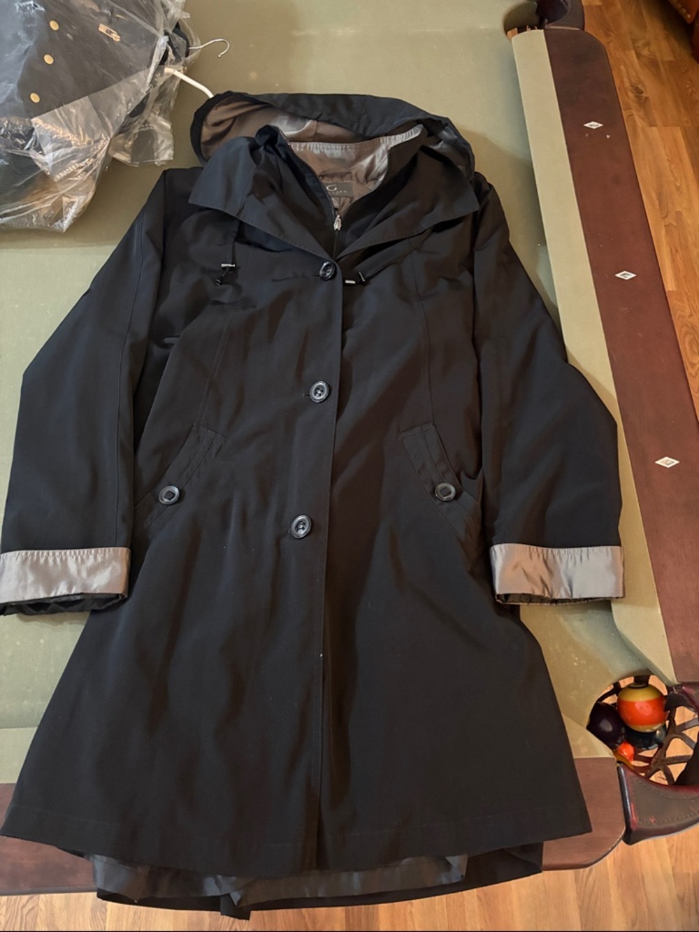 Gallery Black Hooded Trench Coat with Contrasting Gray Cuffs